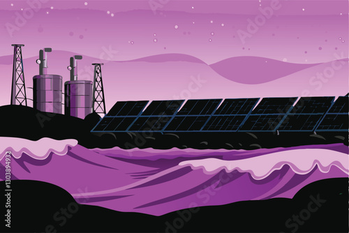 A futuristic solar-powered desalination plant efficiently converting seawater into fresh water, showcasing sustainable technology.