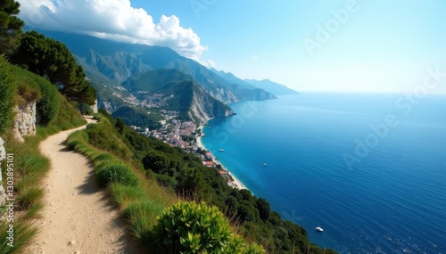 Amalfi Coast panorama from Path of Gods trek Stunning coastal vista , rocks, scenic