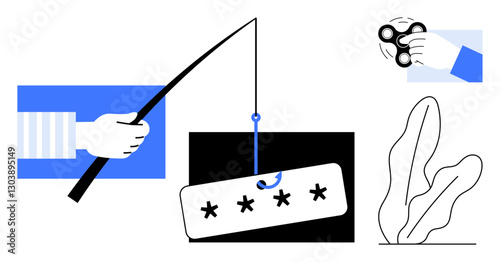 Hook catching password sign emphasizes cybersecurity threats. Fidget spinner implies distraction, plant for environment. Ideal for digital security, phishing, online safety, scams, awareness