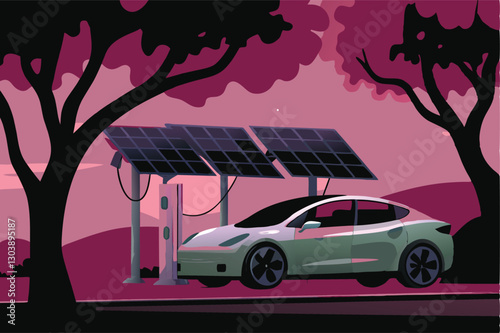 A sleek electric car, recharging via a futuristic solar-powered charging station, bathed in sunlight.  Show advanced technology and sustainable design elements.