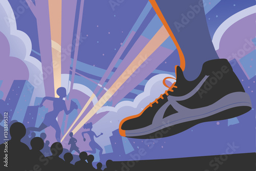Energetic runner silhouetted against sunrise,  promoting a marathon sponsored by a dynamic sports brand, "ENE".  Powerful imagery showcasing athleticism and endurance.