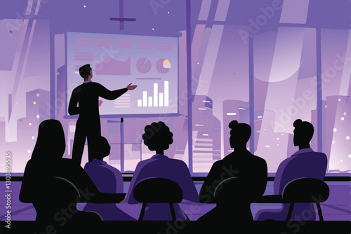 A diverse startup team confidently presents their innovative tech solution to a panel of serious investors in a modern, well-lit conference room.