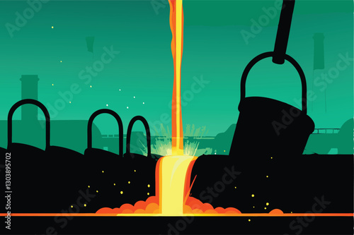 Dramatic image of molten metal being poured in a steel factory at night, showcasing intense heat and sparks.