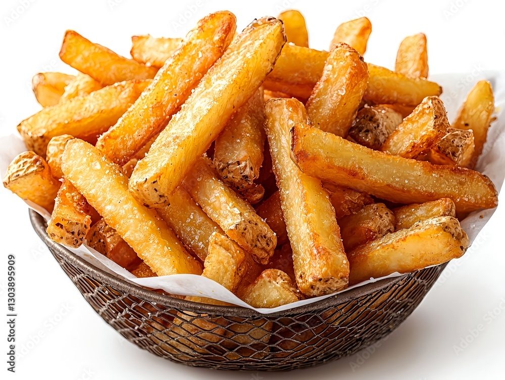 A basket brims with thick-cut, golden French fries, each glistening with oil and featuring a crispy exterior and fluffy interior A basket brims with thick-cut, golden French fries, each glistening with oil and featuring a crispy exterior and fluffy interior