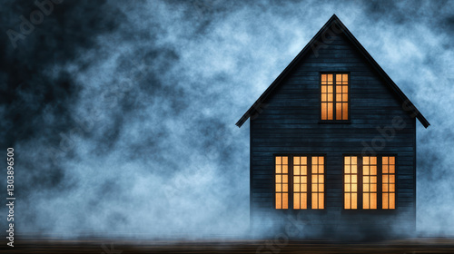 spooky silhouette of haunted house with glowing windows in fog