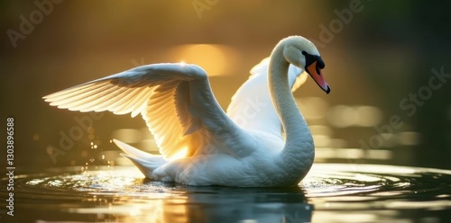 Fototapeta Naklejka Na Ścianę i Meble -  Graceful white swan, wings outstretched, bathed in warm sunlight , fauna, poise