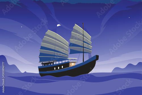 A futuristic wind-powered cargo ship, sails billowing, gracefully navigates a vast, deep blue ocean under a clear sky.