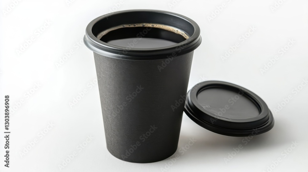 A black paper coffee cup with a separate lid on a surface