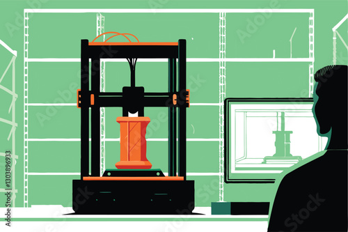 A skilled technician meticulously monitors a large-scale 3D printer during industrial additive manufacturing, showcasing advanced technology in a modern factory setting.