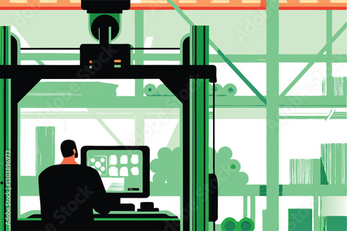 A focused worker meticulously operates a large-scale 3D printer in a modern, clean industrial setting.