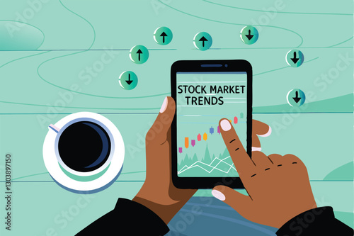A focused young adult meticulously analyzes stock market data on a sleek mobile app, showcasing serious investment research.