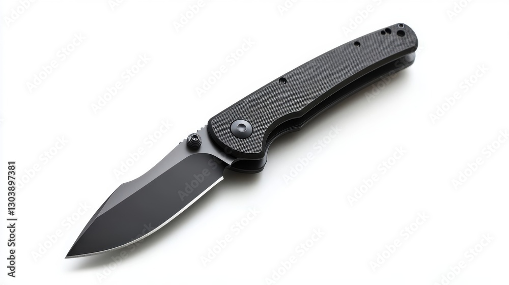 A single black pocket knife laying against a white backdrop A single black pocket knife laying against a white backdrop