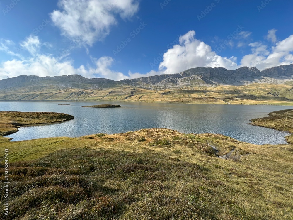 Fototapeta premium The alpine lake Tannensee or Tannen Lake in the Uri Alps mountain massif, Kerns - Canton of Obwalden, Switzerland (Kanton Obwald, Schweiz)