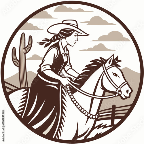 Retro Vintage Western Cowgirl Bohemian, Boho Chic Women Horse Illustration, Cowboy Bronco Rodeo
