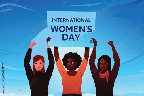 Design a vibrant vector illustration celebrating International Women's Day, incorporating diverse women and symbolic elements representing empowerment and equality.