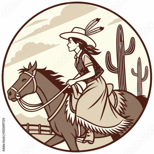 Retro Vintage Western Cowgirl Bohemian, Boho Chic Women Horse Illustration, Cowboy Bronco Rodeo