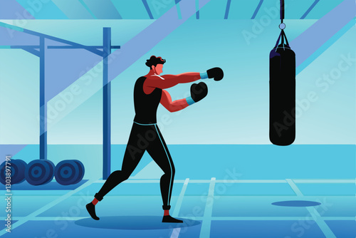 Create a vibrant vector cartoon illustration depicting intense boxing training. Show a boxer shadow boxing, sweating, with focus and determination.