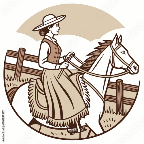 Retro Vintage Western Cowgirl Bohemian, Boho Chic Women Horse Illustration, Cowboy Bronco Rodeo