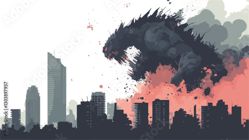 Digital painting depicting a large, dark, monstrous creature attacking a city. The creature is rendered in dark grey and black, with jagged edges and a ferocious expression. It appears to