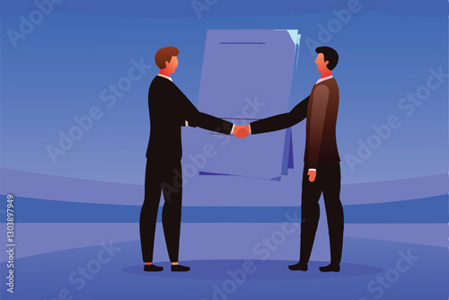 Create a vibrant vector illustration depicting a successful business agreement, showcasing three diverse people shaking hands, emphasizing trust and partnership.