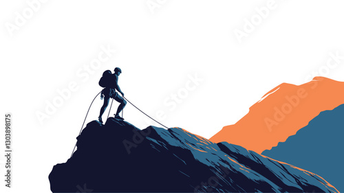 A stylized illustration depicting a silhouette of a climber standing on a rocky mountain peak. The climber is equipped with a backpack and climbing rope. The background features a stylized