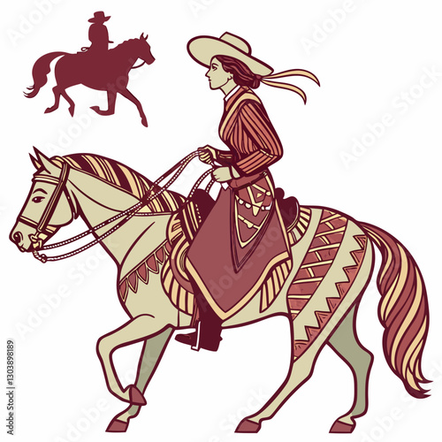 Retro Vintage Western Cowgirl Bohemian, Boho Chic Women Horse Illustration, Cowboy Bronco Rodeo