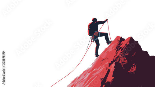 A vector illustration depicting a stylized silhouette of a climber ascending a red rock mountain peak against a white background. The climber is shown from the side, with a backpack and