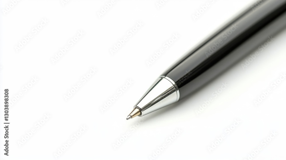A close up photograph displays a black pen on white A close up photograph displays a black pen on white