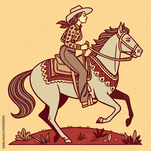 Retro Vintage Western Cowgirl Bohemian, Boho Chic Women Horse Illustration, Cowboy Bronco Rodeo