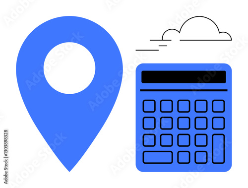 Location pin, calculator, and cloud convey themes of navigation, technology, data analytics, finance, planning travel and digital services. Ideal for logistics budgeting and innovation. Flat