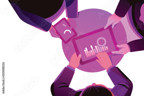 Create a vibrant vector illustration depicting the concept of business data analytics, showcasing interconnected data points, charts, and graphs, symbolizing insightful business intelligence.