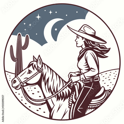 Retro Vintage Western Cowgirl Bohemian, Boho Chic Women Horse Illustration, Cowboy Bronco Rodeo