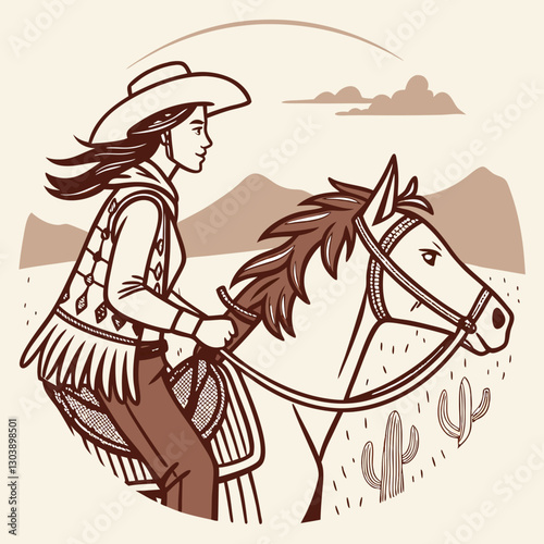 Retro Vintage Western Cowgirl Bohemian, Boho Chic Women Horse Illustration, Cowboy Bronco Rodeo