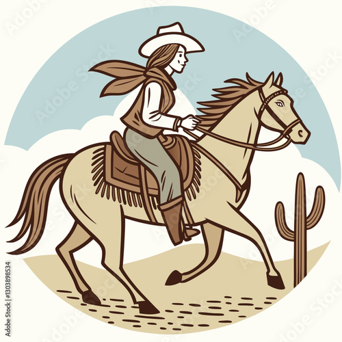 Retro Vintage Western Cowgirl Bohemian, Boho Chic Women Horse Illustration, Cowboy Bronco Rodeo