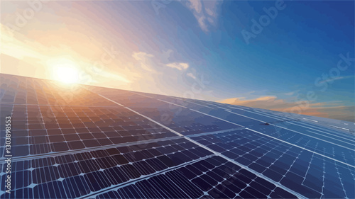 High-angle, close-up view of a large expanse of solar panels angled towards the setting sun. The sun is a bright, warm orange and yellow, partially obscured by the horizon. The sky is a