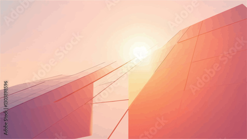 Low angle view of a modern building's facade during sunrise or sunset. The image features strong geometric shapes and lines, with a significant portion of the frame filled by a bright,