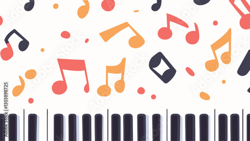 The image features a repeating pattern of stylized musical notes in shades of orange, red, and yellow scattered on a white background.  The notes are simple, hand-drawn style illustrations.