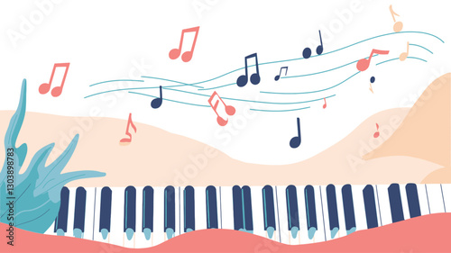 The image is a stylized illustration featuring a piano keyboard at the bottom, partially obscured by a peach-colored, wavy landscape.  Above the keyboard, musical notes in various colors