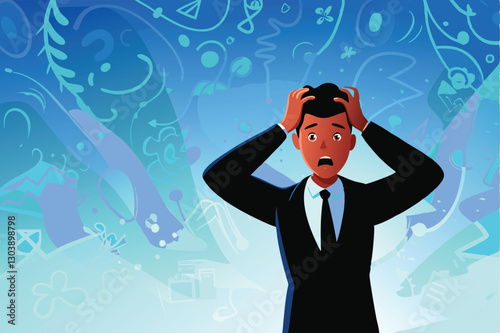 Vector illustration of a stressed businessman overwhelmed by a overflowing shopping cart representing workload.