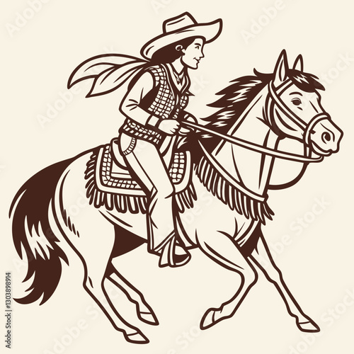 Retro Vintage Western Cowgirl Bohemian, Boho Chic Women Horse Illustration, Cowboy Bronco Rodeo