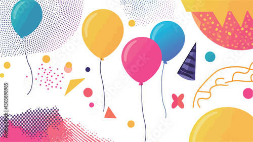 The image is a digital illustration featuring several colorful balloons in shades of pink, yellow, and blue, depicted in a cartoonish style. They are floating against a white background