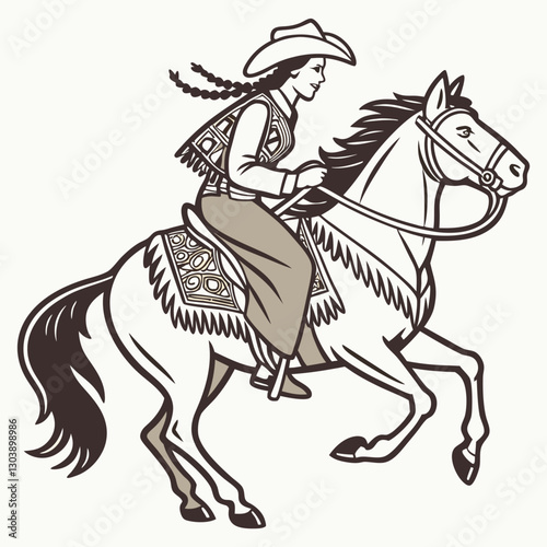 Retro Vintage Western Cowgirl Bohemian, Boho Chic Women Horse Illustration, Cowboy Bronco Rodeo