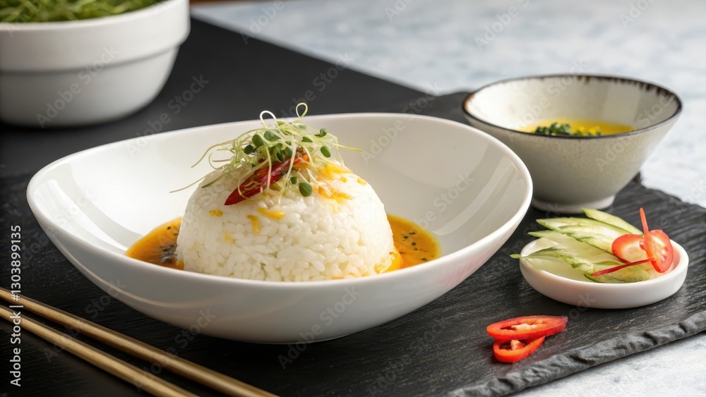 Minimalist Presentation of Htamin Jin with Sauce and Sides Minimalist Presentation of Htamin Jin with Sauce and Sides