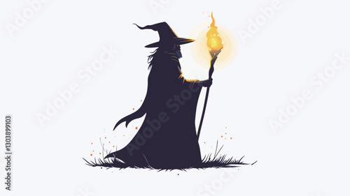 The image is a vector illustration depicting a silhouette of a witch-like figure. The figure is depicted from the knees up, wearing a long robe and a pointed hat. The figure holds a long