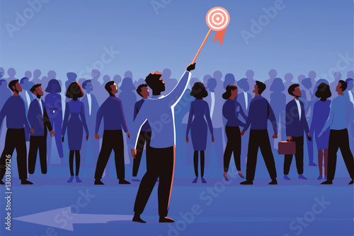 Create a vector illustration depicting a business target concept.  Showcase ambition, achievement, and strategic planning using modern design elements.