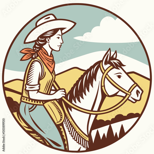 Retro Vintage Western Cowgirl Bohemian, Boho Chic Women Horse Illustration, Cowboy Bronco Rodeo