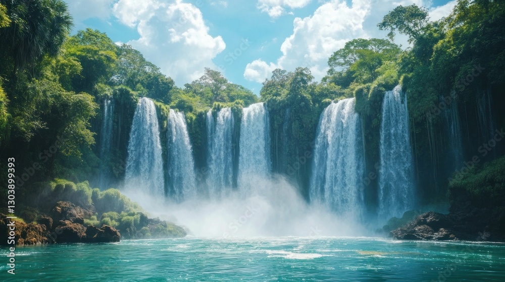 Fototapeta premium Iguazu Falls from a close-up angle, with the power of water crashing into turquoise pools below