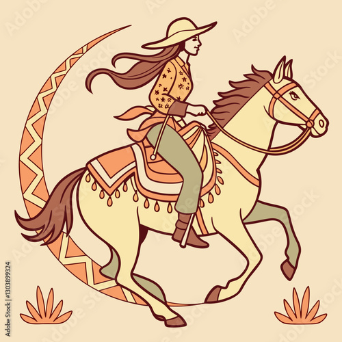 Retro Vintage Western Cowgirl Bohemian, Boho Chic Women Horse Illustration, Cowboy Bronco Rodeo