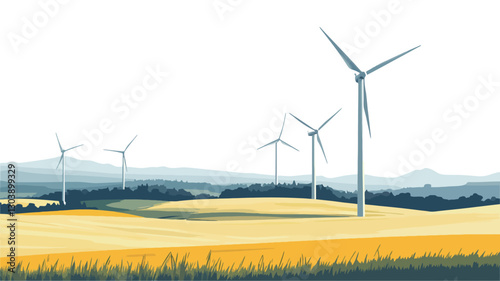 The image depicts a stylized illustration of several wind turbines situated in a vast, gently rolling field of golden-yellow grass. The background shows a hazy, bluish-gray range of hills