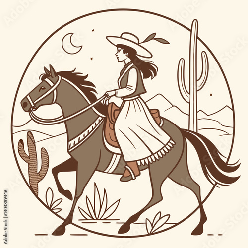 Retro Vintage Western Cowgirl Bohemian, Boho Chic Women Horse Illustration, Cowboy Bronco Rodeo